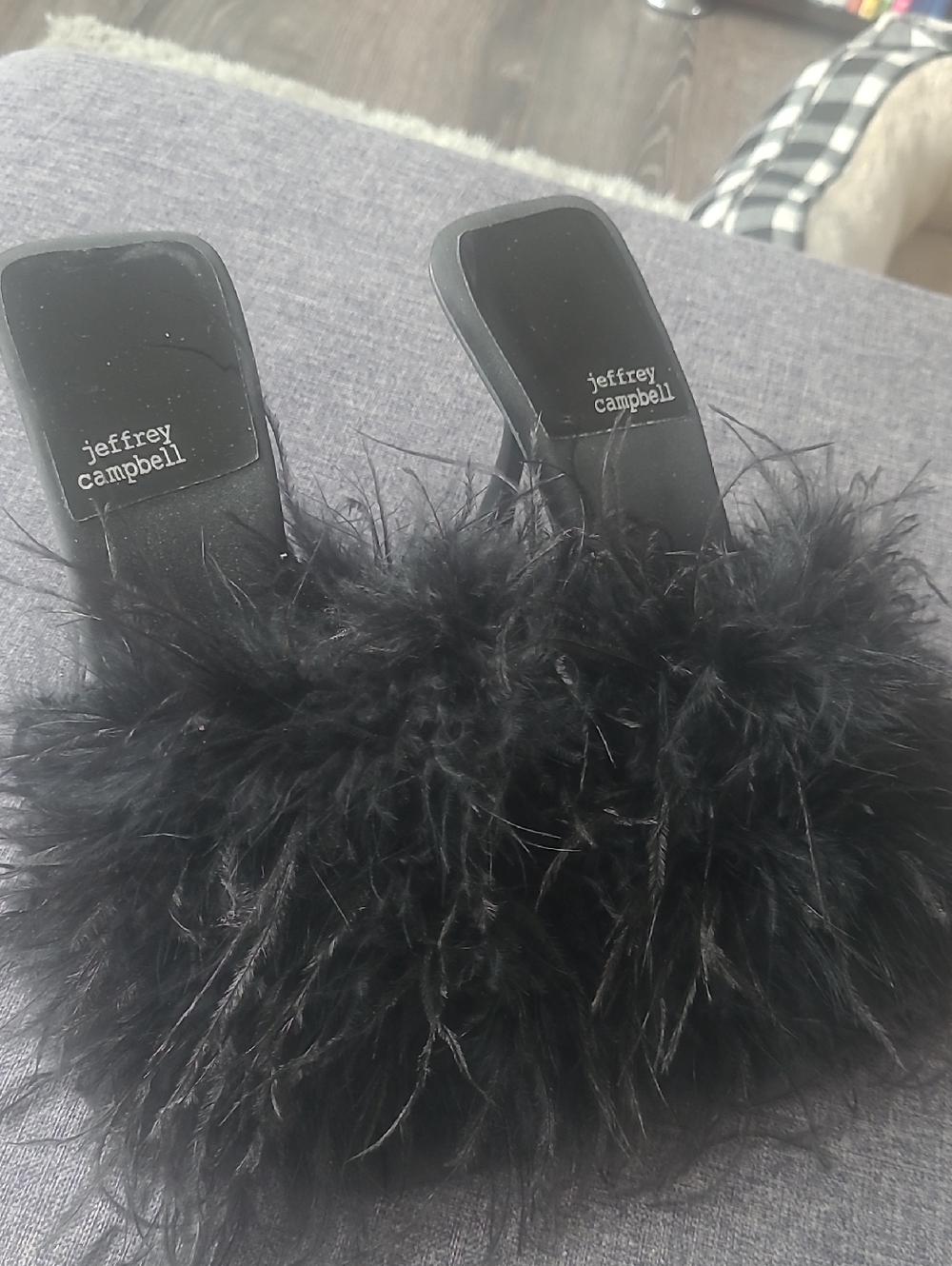 Jeffrey Campbell Black Feathered Slide Mules